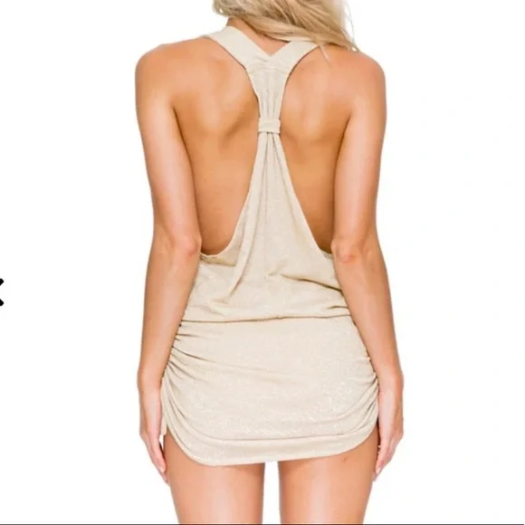 Luli Fama Shimmery Beige V-Neck Drawstring Swim Coverup - Picture 2 of 9